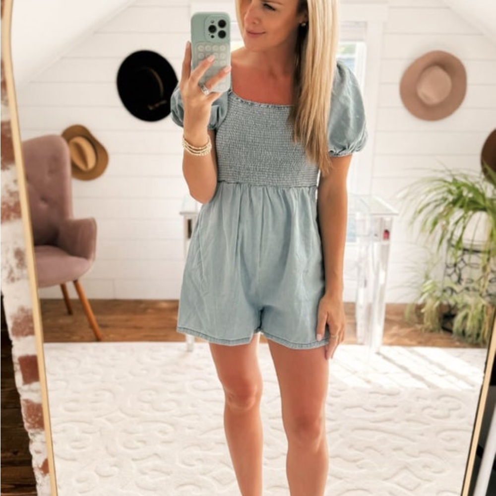 Women's Blue Puff Sleeve Shorts Romper